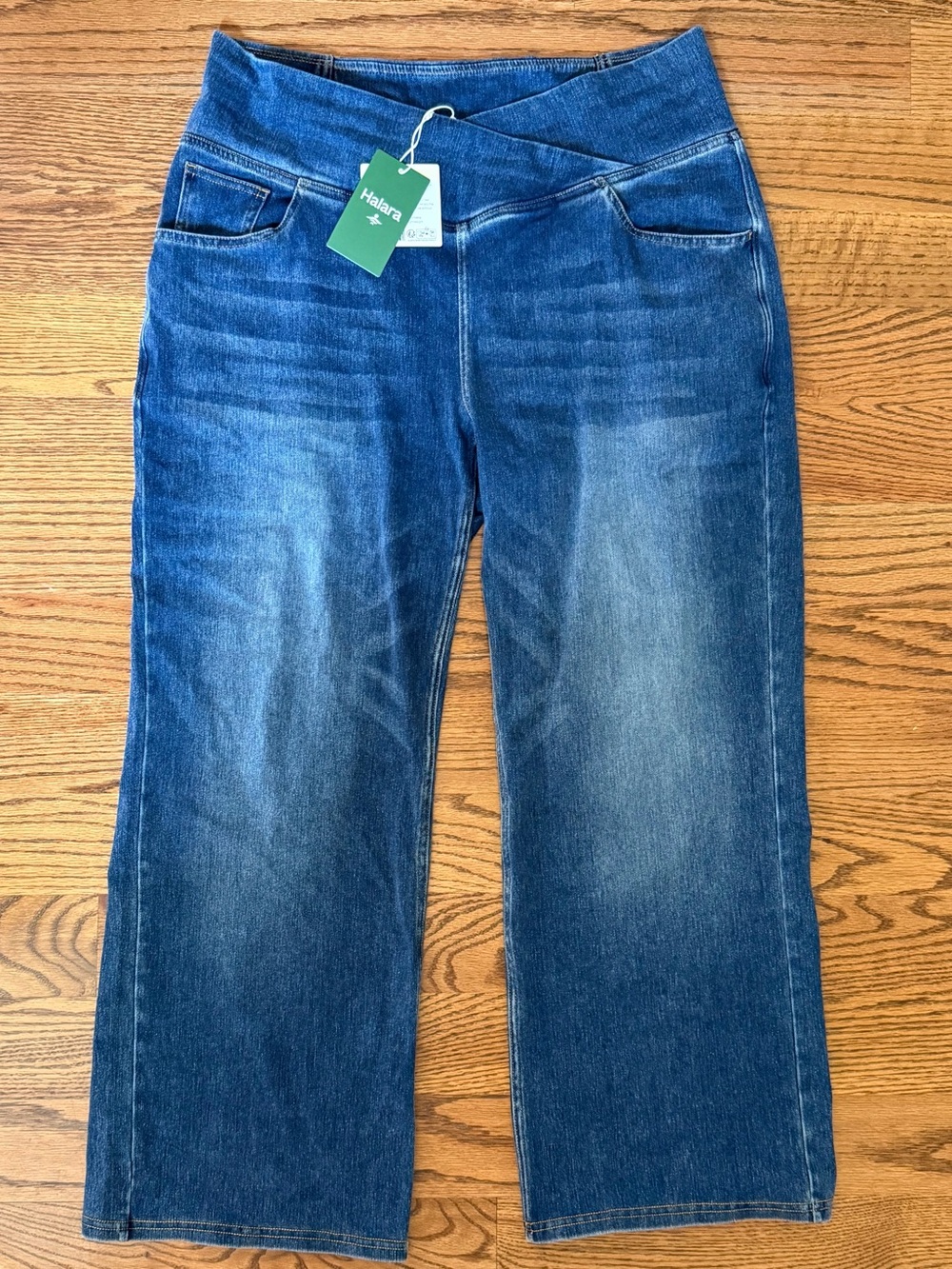 HALARA Dark Blue Wide-Leg Flare Jeans with Crossover Waistband